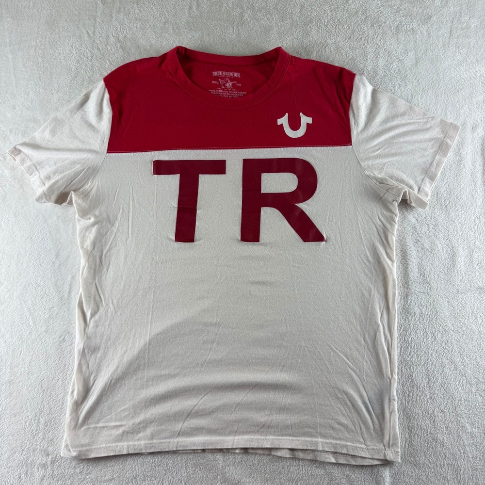 True Religion Graphic T-Shirt Colorblock TR Logo Red White Mens XL Streetwear
